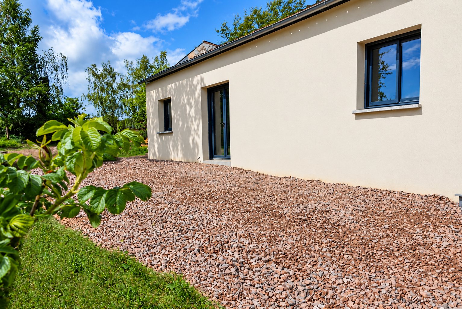 Maison récente aux murs enduits clairs entourée de gravier rose