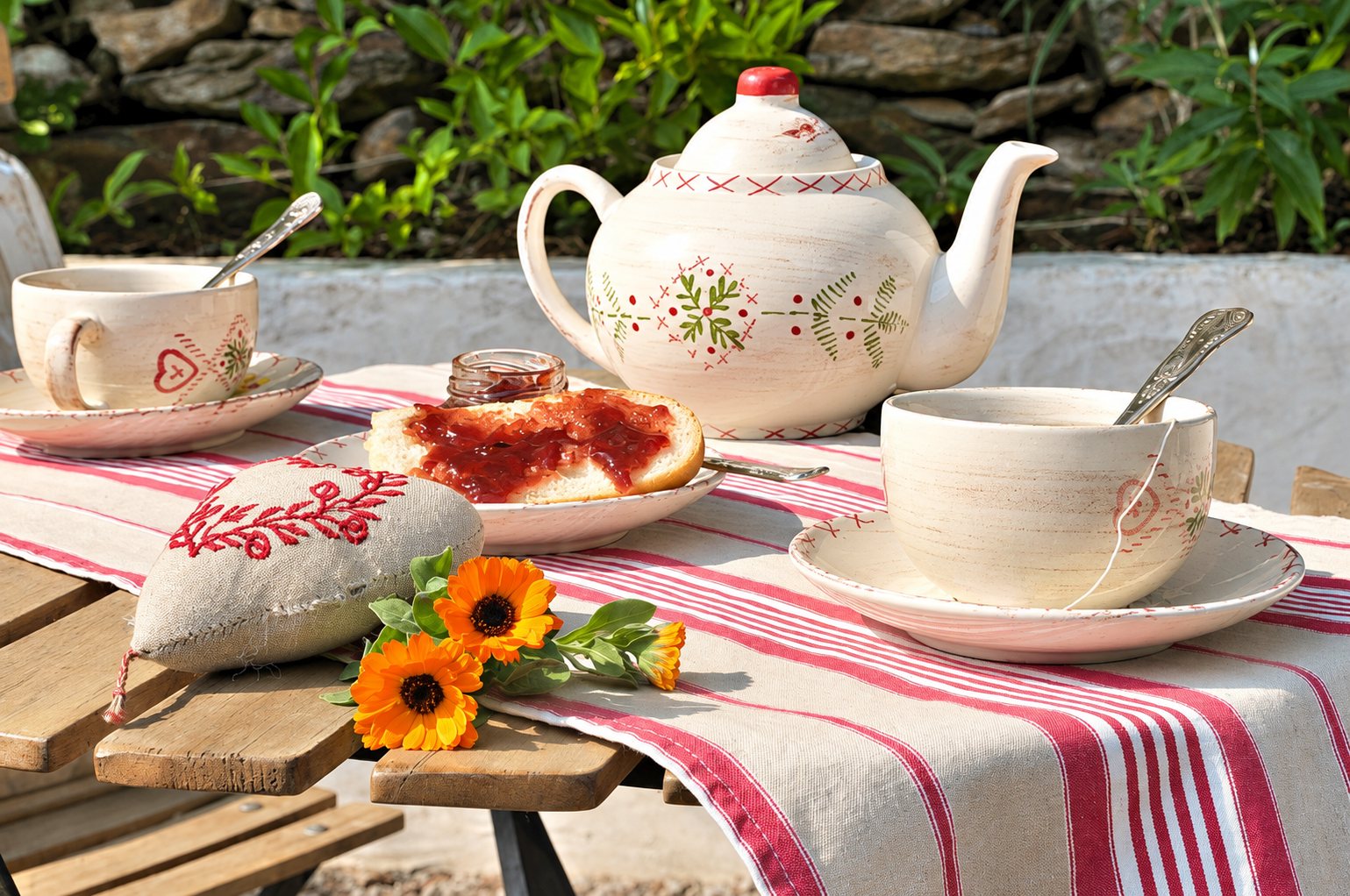 Service à thé en céramique décorée, coussin cœur brodé et soucis sur une table de jardin rayée