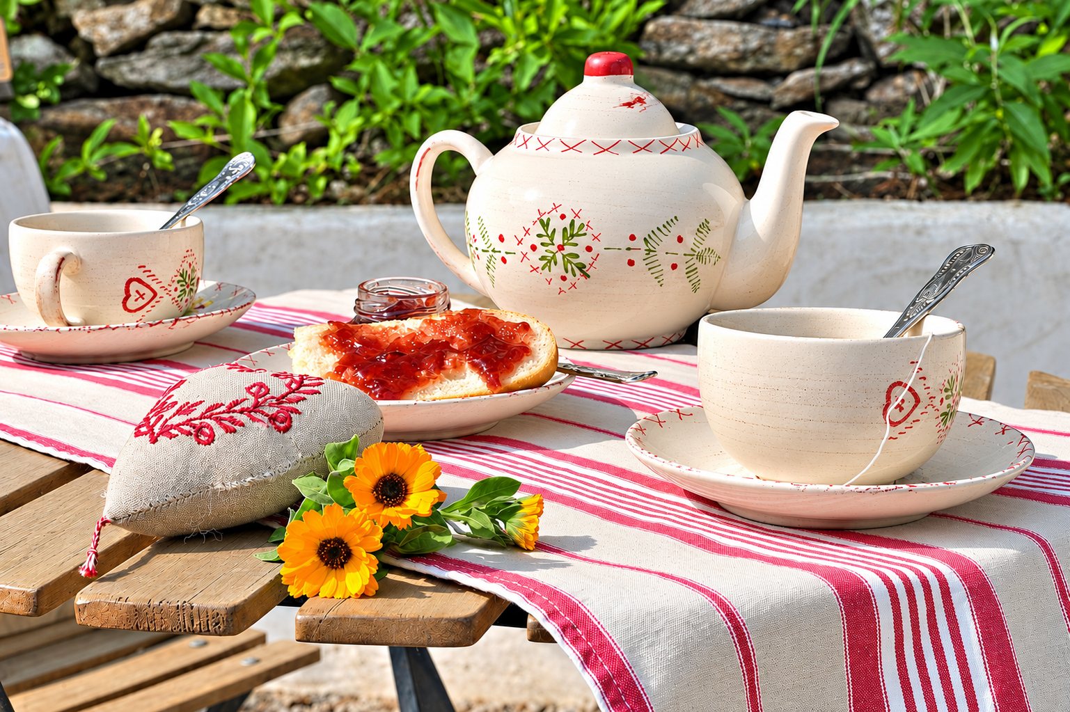 Théière, tasses et tartine de confiture en céramique décorée sur une table de jardin couverte d’un torchon rayé rouge et blanc
